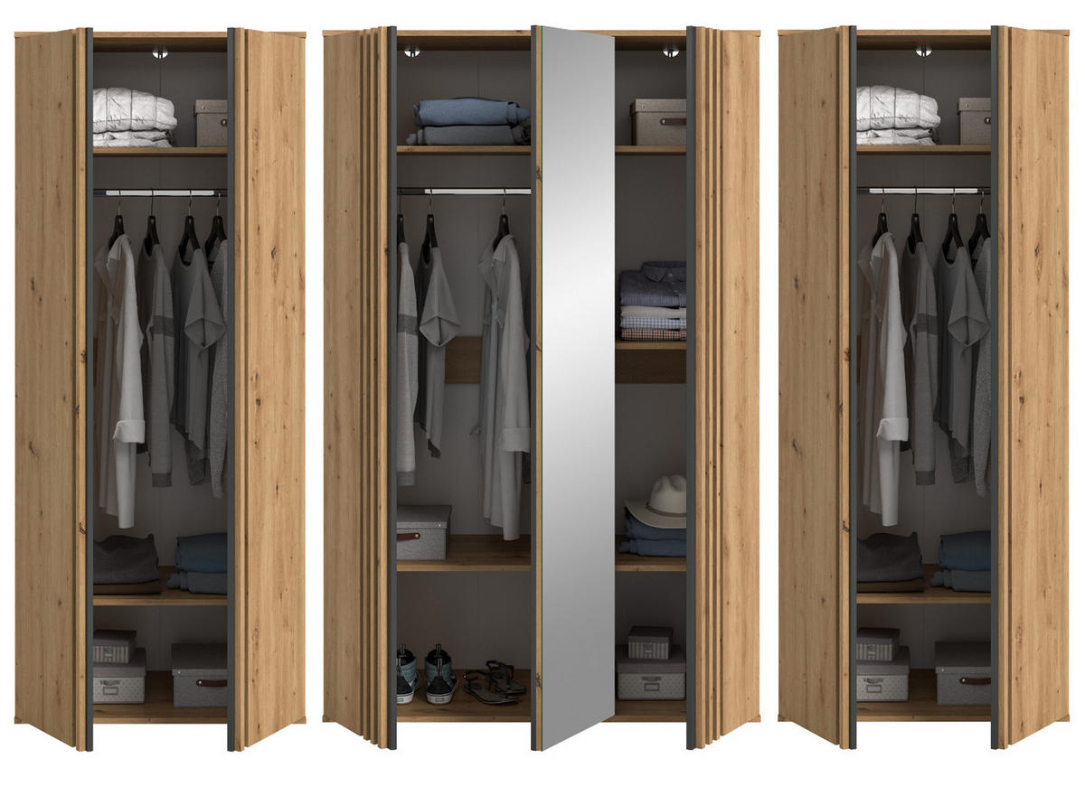 KLEIDERSCHRANK Eiche Artisan, grau 280 x 192 cm 7-türig, Drehtürenschrank mit Spiegel - Anthrazit/Eiche Artisan, Holzwerkstoff (280/192/56cm) - Inn.Furn