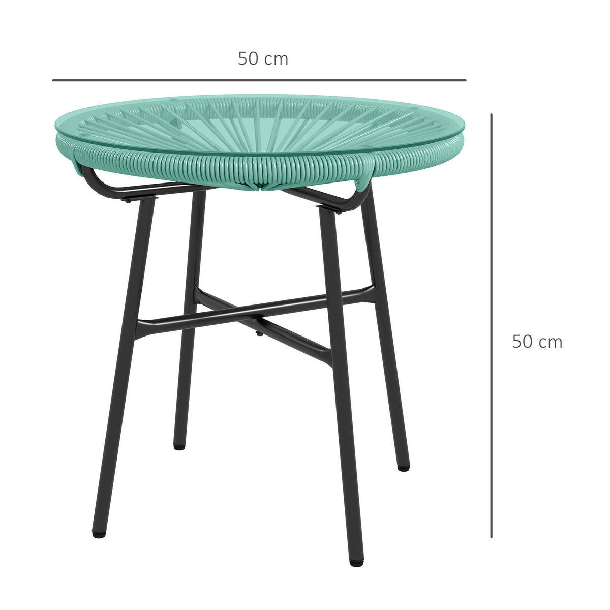 GARTENBEISTELLTISCH DE-13584 rund mit Glasplatte, PE-Rattanoptik Natur - Grün, Metall (50/50/50cm) - ComfortXL