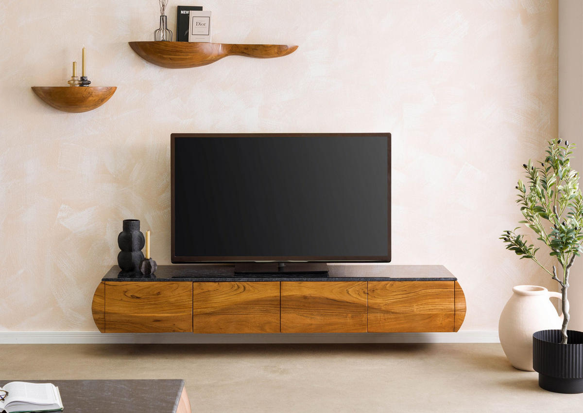 TV-BOARD Akazie 204x40x45 natur lackiert / Marmor schwarz MONTREAL #123 - Naturfarben, Holz (204/45/40cm) - Massivmoebel24