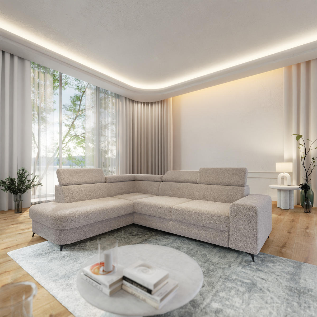 ECKSOFA ALVORO L-S Beige Boucle-Stoff mit Schlaffunktion - Beige, Holz (253/190cm) - MASSENO