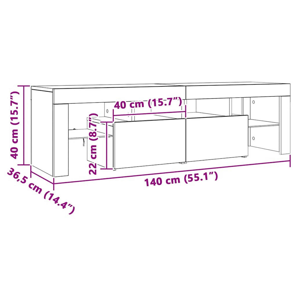 LOWBOARD mit Led-Leuchten 140/36,5/40 cm aus Holzwerkstoff in Grau Sonoma Dekor - Silbereichenfarben, Holz (140/40/36.5cm) - vidaXL