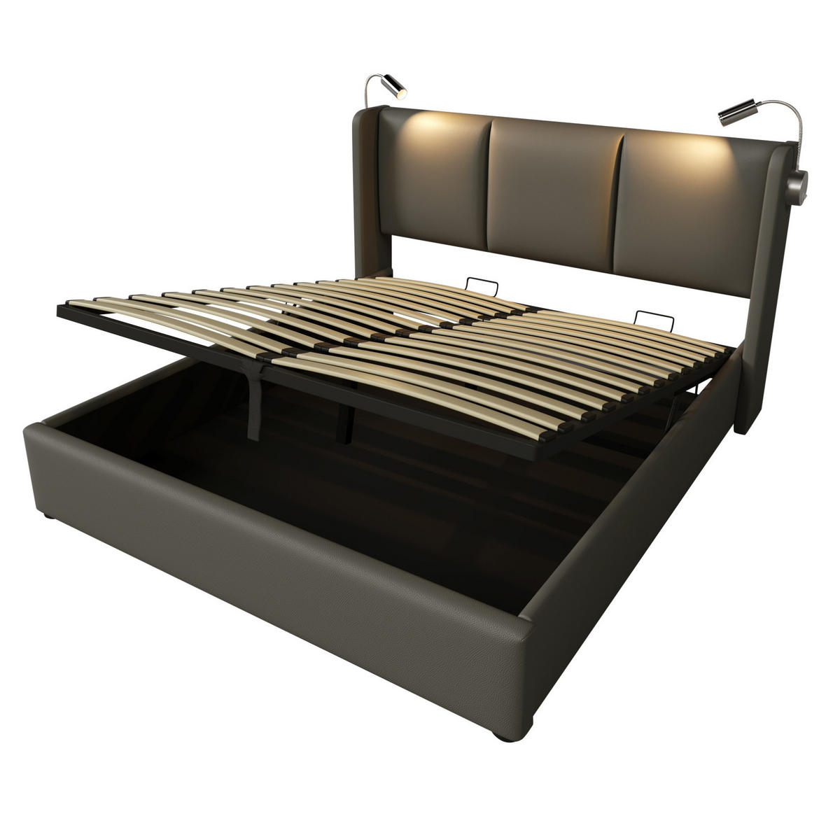 BETT mit Bettkasten 160x200 cm PU Grau mit Matratze - Grau, Metall (160/200cm) - Meubliv