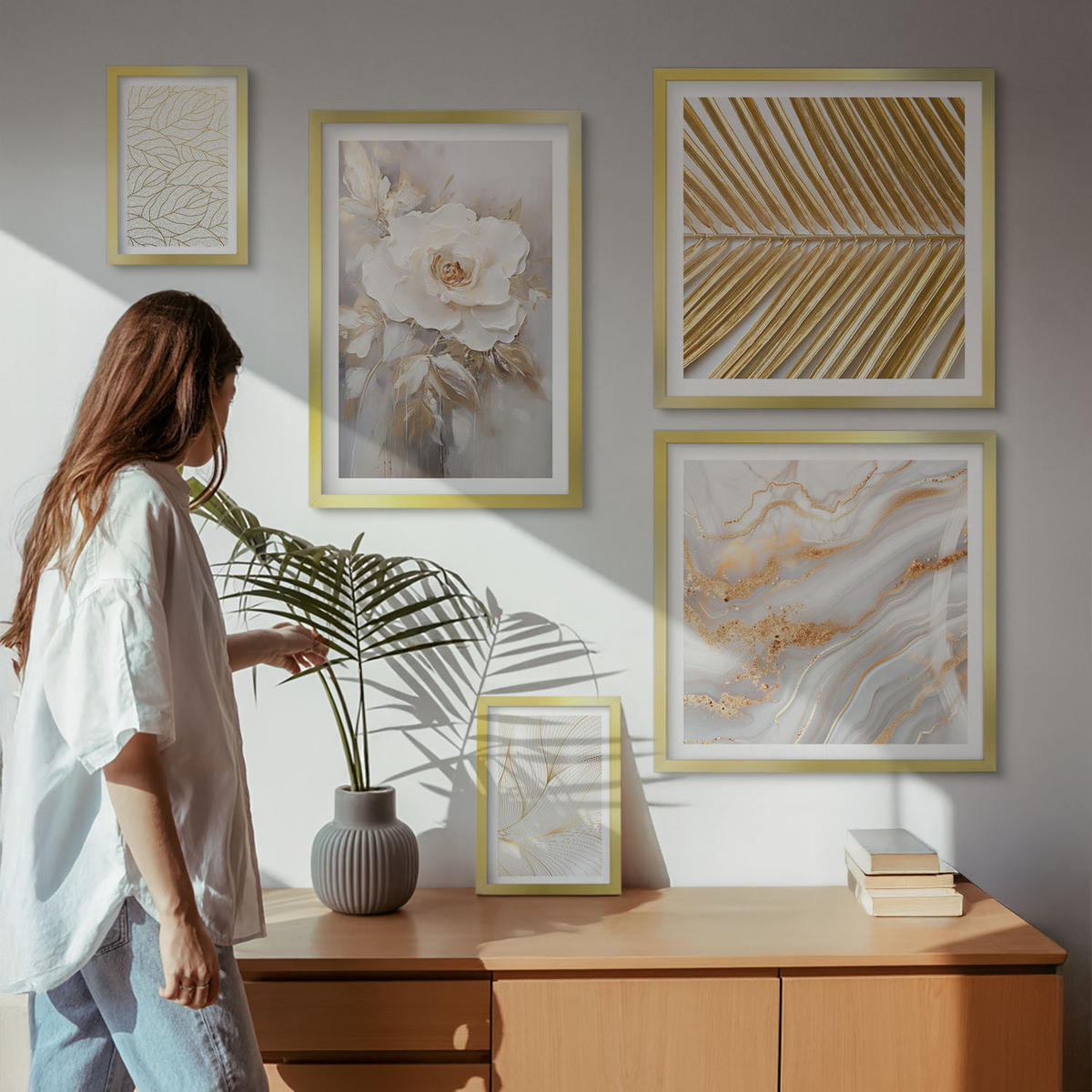 BILDER SET 5er Set - 50x50 cm & 20x30 cm & 40x60 cm Goldrahmen - Abstrakte Katzenmalereien - Goldfarben, Kunststoff (40/60cm) - TULUP