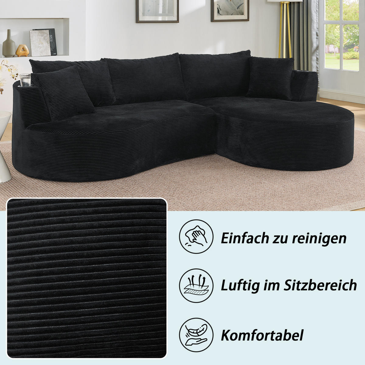 3-SITZER ECKSOFA Cord Schwarz mit Getränkehaltern und Kissen - Schwarz, Textil (264/168cm) - WISHDOR