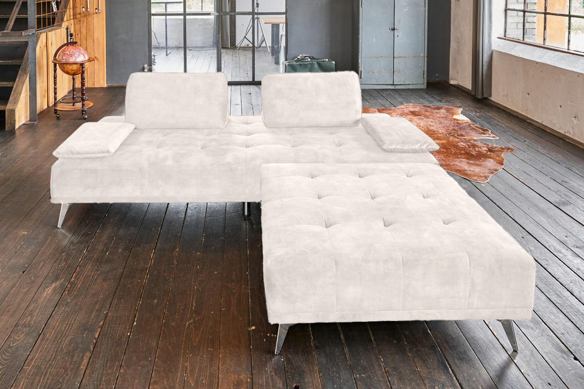 SOFA MIT HOCKER WIOLO Cremeweiß Velvet - Silberfarben/Creme, Textil/Metall (240/80/110cm) - KAWOLA