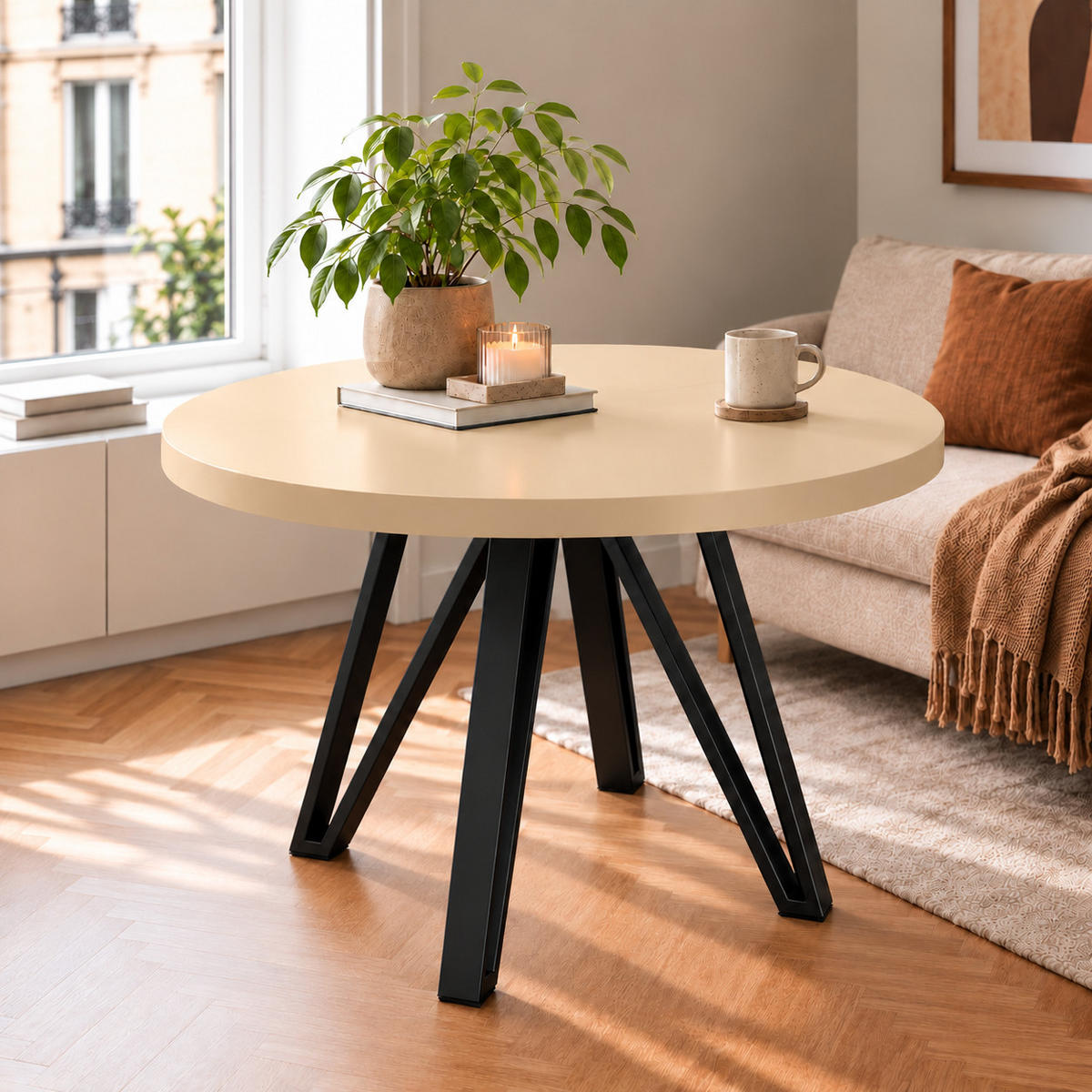 ESSTISCH rund ausziehbar 90/190/76 cm, Kaschmir, 54 cm Tischplatte + Industrial Metallgestell Schwarz - Kaschmir/Schwarz, Holzwerkstoff/Metall (90/190/76cm) - Damale Möbel