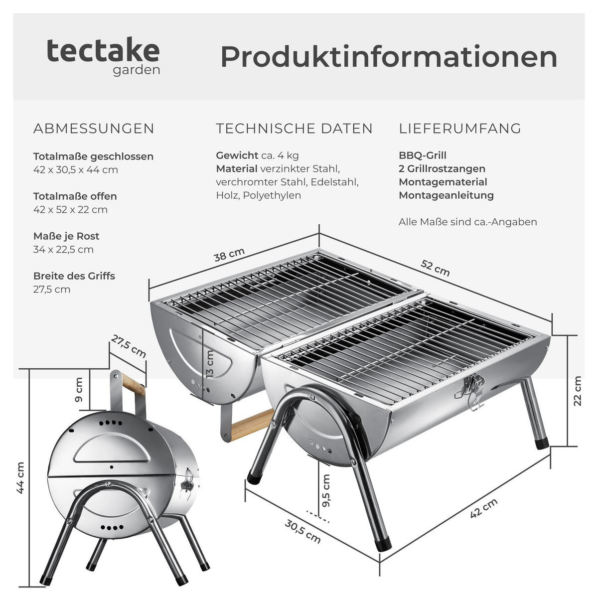 EDELSTAHLGRILL , 42 x 30,5 x 44 cm, schwarz - Schwarz, Metall (42/44/30.5cm) - tectake