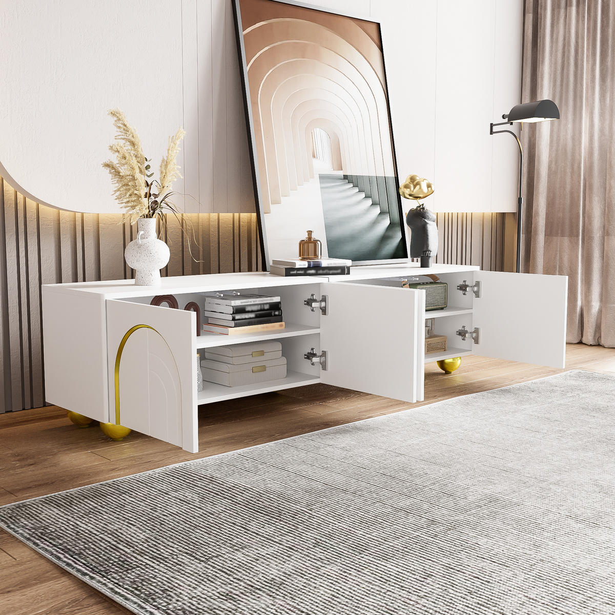 TV-SCHRANK in Weiß/Gold mit 4 Push-to-Open Türen 170/38/44 cm - Weiß, Holzwerkstoff (170/44/38cm) - Redom