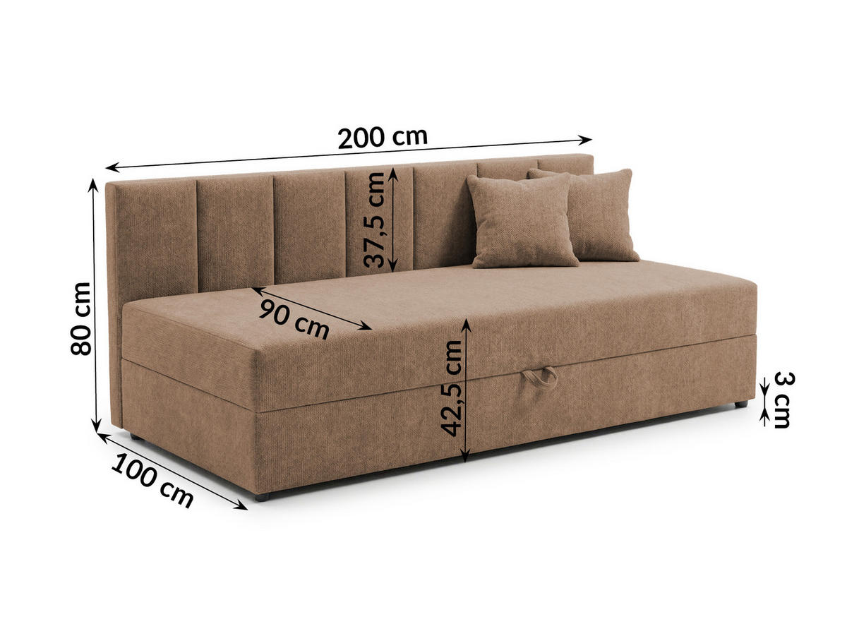 TAGESBETT Lenny mit Rückenlehne und großem Bettkasten aus Braun Chenille-Stoff - Schwarz/Braun, Holz/Kunststoff (90/200cm) - S-Style Möbel