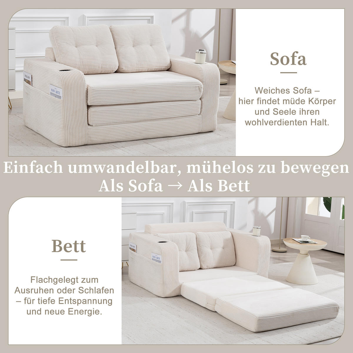 SCHLAFSOFA in Beige Cord mit Getränkehalter und Seitentaschen - Beige, Textil (136/82.5/80cm) - Oxeza