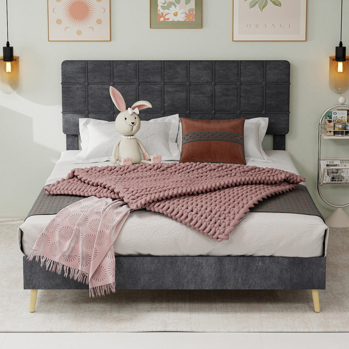 POLSTERBETT 140/200 cm grau aus Samt mit Karosteppung - Grau, Textil (140/200cm) - OKWISH