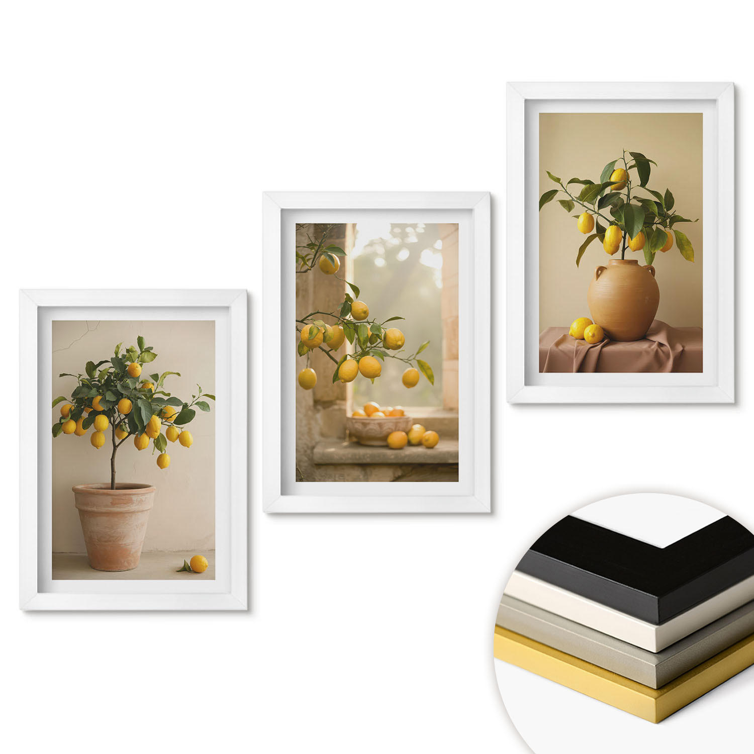 WANDBILDER 3er-Set - 20x30 cm Weißer Rahmen - Zitronenbäume im Topf - Weiß, Kunststoff (20/30cm) - ArtPrintCave