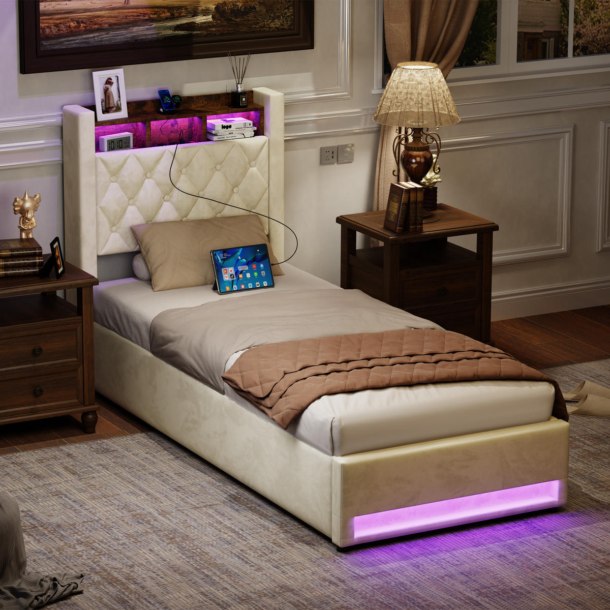 POLSTERBETT 90/190 cm Beige mit LED-Lichtleiste und USB-Anschlüssen - Beige, Holzwerkstoff (90/190cm) - OKWISH