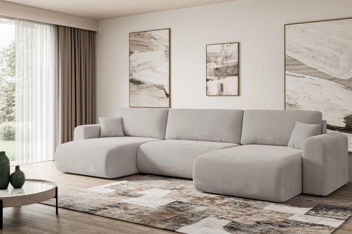 WOHNLANDSCHAFT mit Schlaffunktion und Bettkasten ORRO-U - 362x145x83 cm Hellbraun Velours - Hellbraun/Schwarz, Holzwerkstoff/Kunststoff (362/83/145cm) - ALTDECOR
