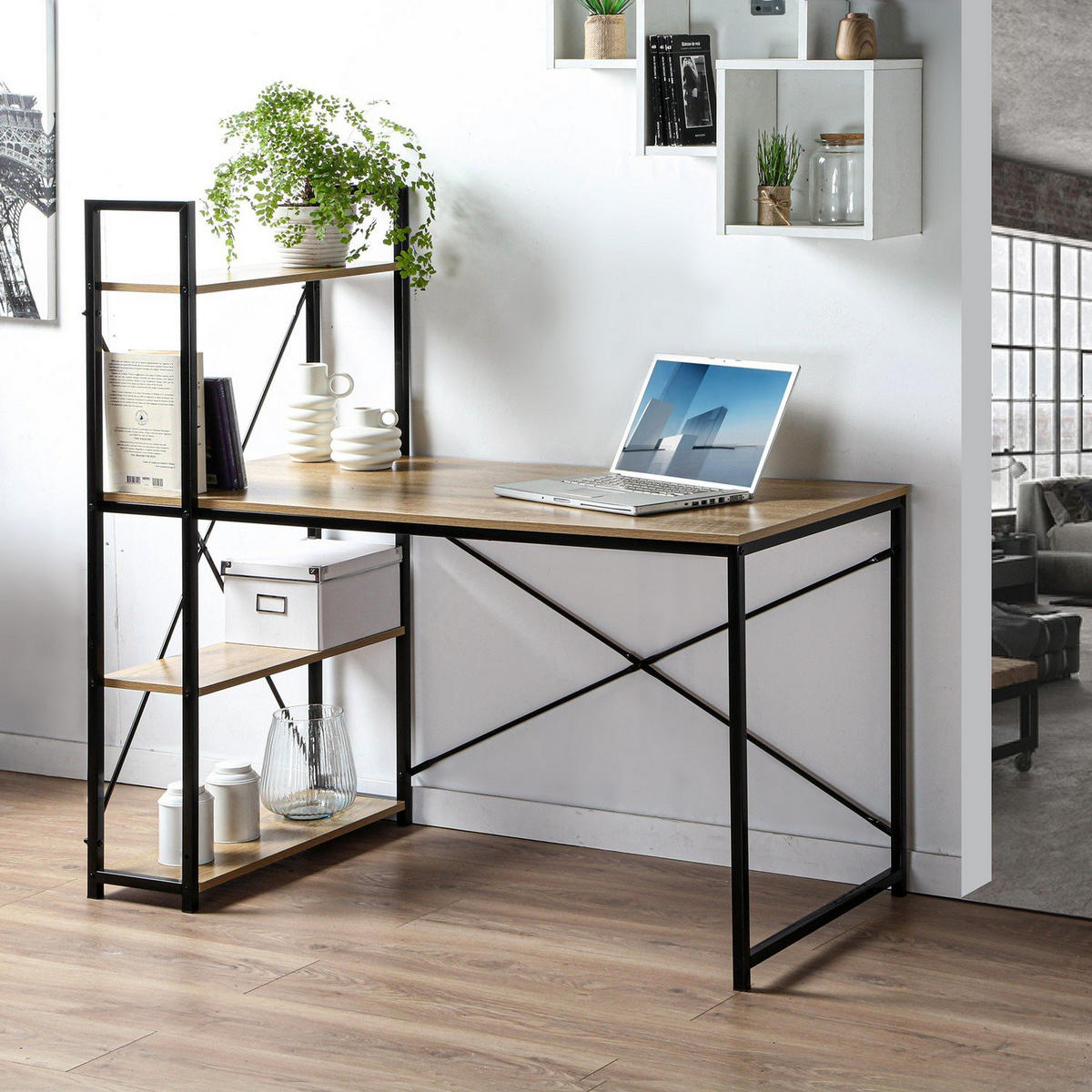 SCHREIBTISCH L120cm mit 4 Regalen im Industrial-Stil - Apfelbaumfarben, Holzwerkstoff (120/60/120cm) - Calicosy