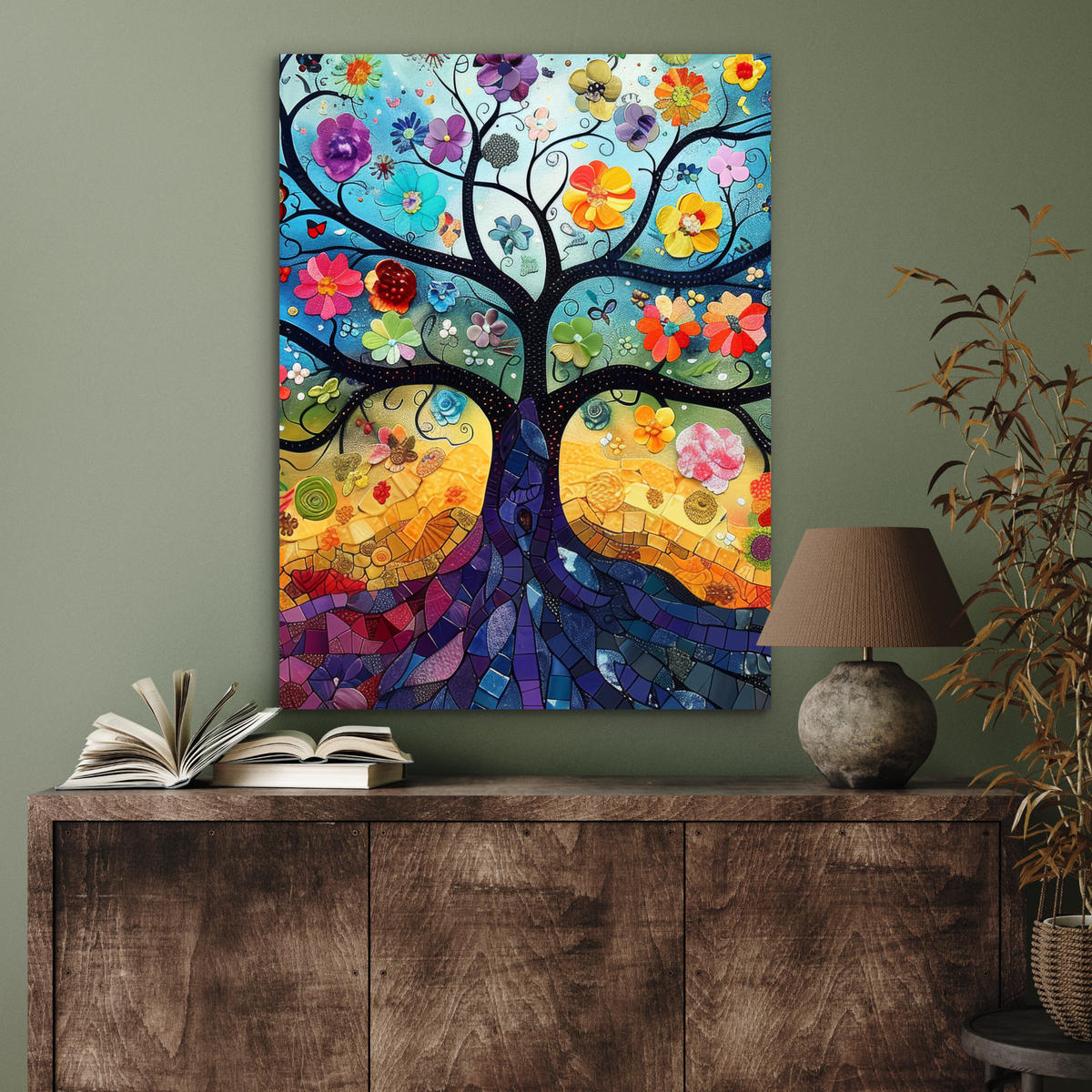KOVOVÝ OBRAZ Umenie - Strom života - Kvety - Hippie 60x80 cm - tmavomodrá, kov (60/80cm) - MuchoWow