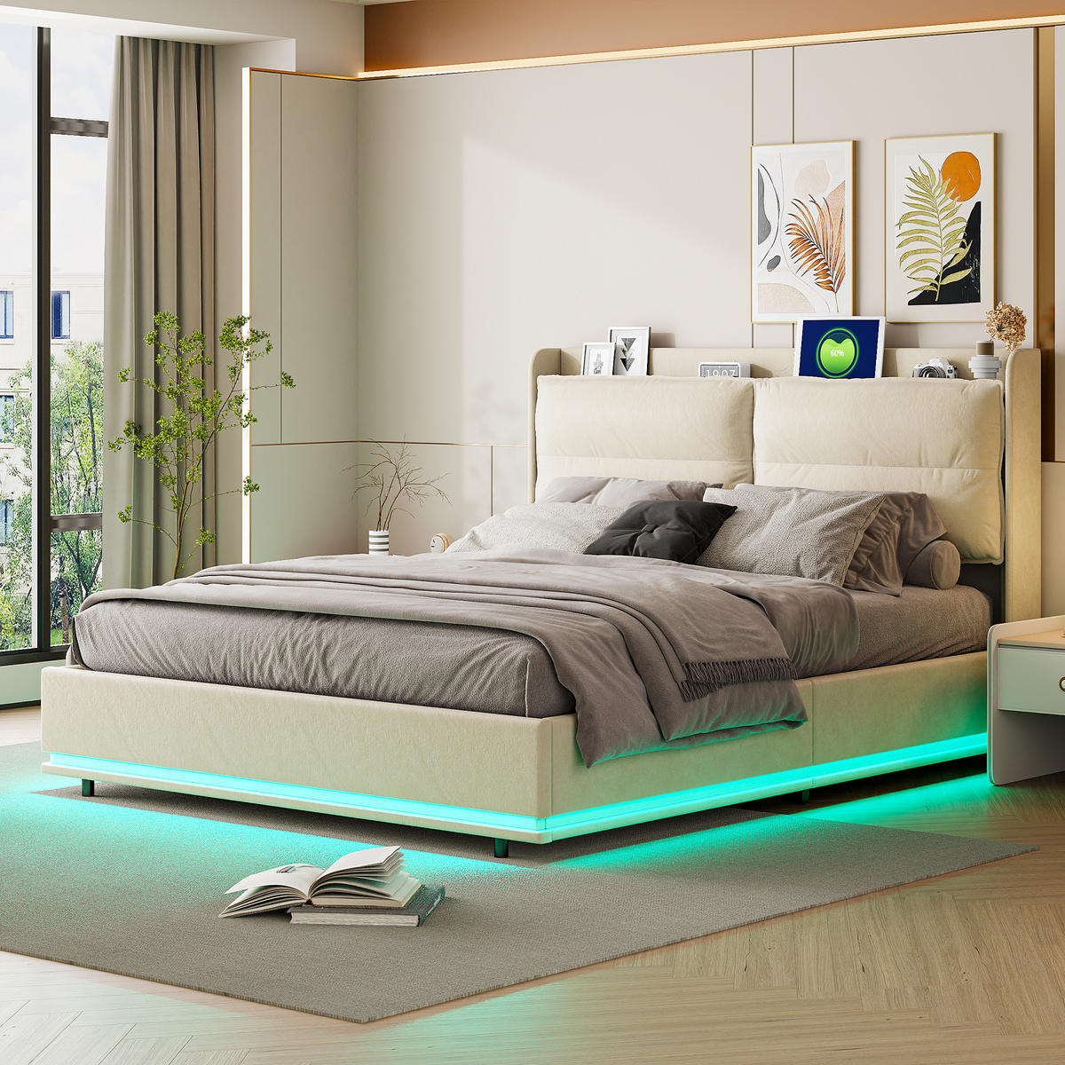 POLSTERBETT 160/200 cm mit LED-Beleuchtung,Ladefunktion, Doppelbett Beige - Beige/Naturfarben, Holz/Metall (160/200cm) - PARAFTA HOME