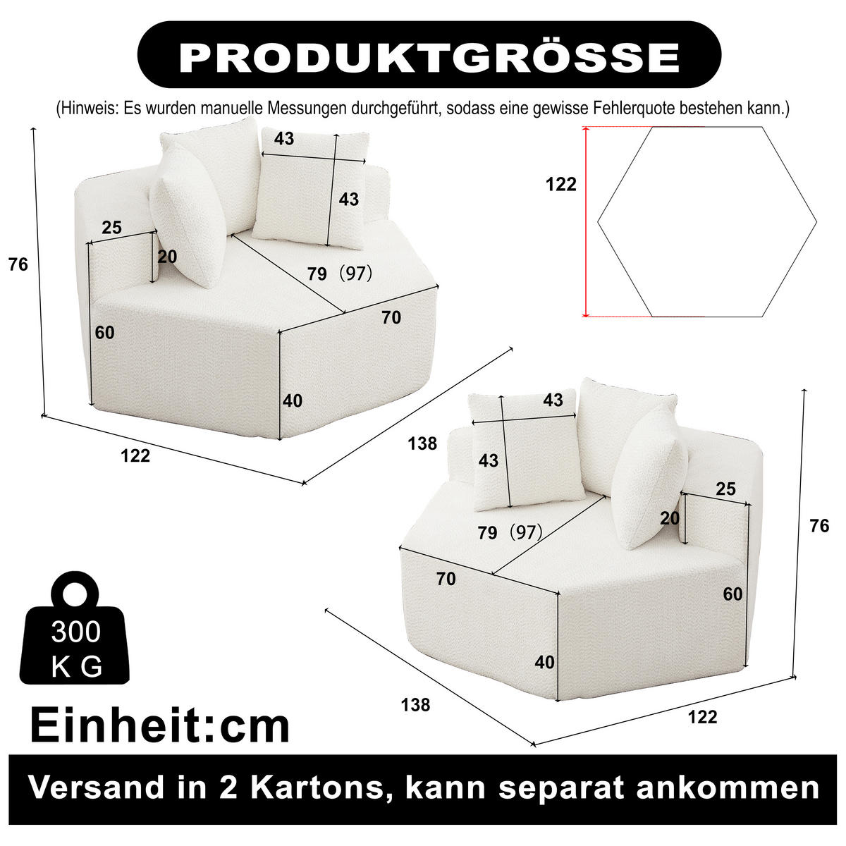 SESSEL 2er-Set Sechseckig modular mit 3 Kissen, DE-42738, Beige - Beige, Textil (138/76/122cm) - ComfortXL