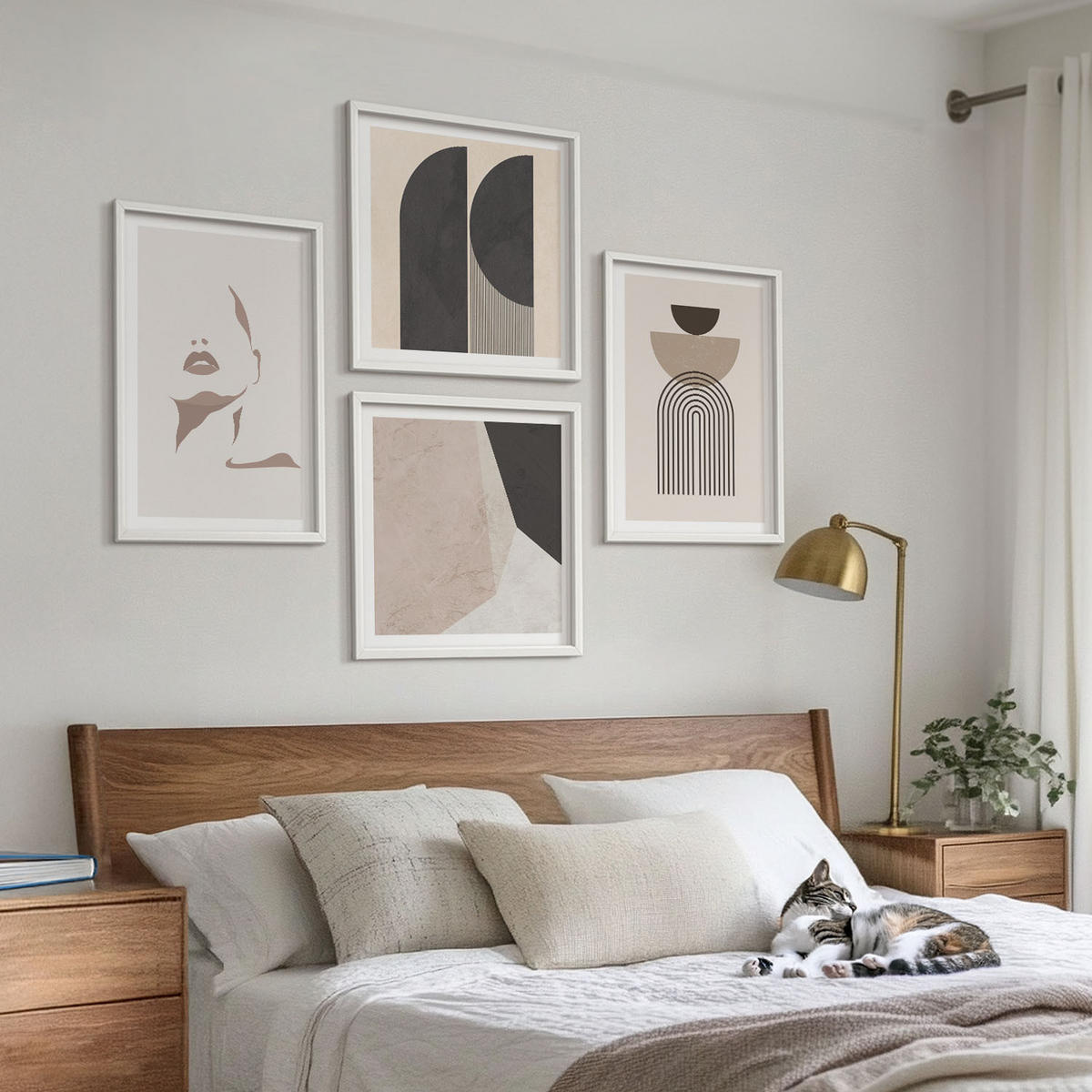 WANDBILDER 4er-Set - 50x50 cm & 40x60 cm Weißer Rahmen - Abstrakte weiß-braune Muster - Weiß, Kunststoff (50/50cm) - ArtPrintCave