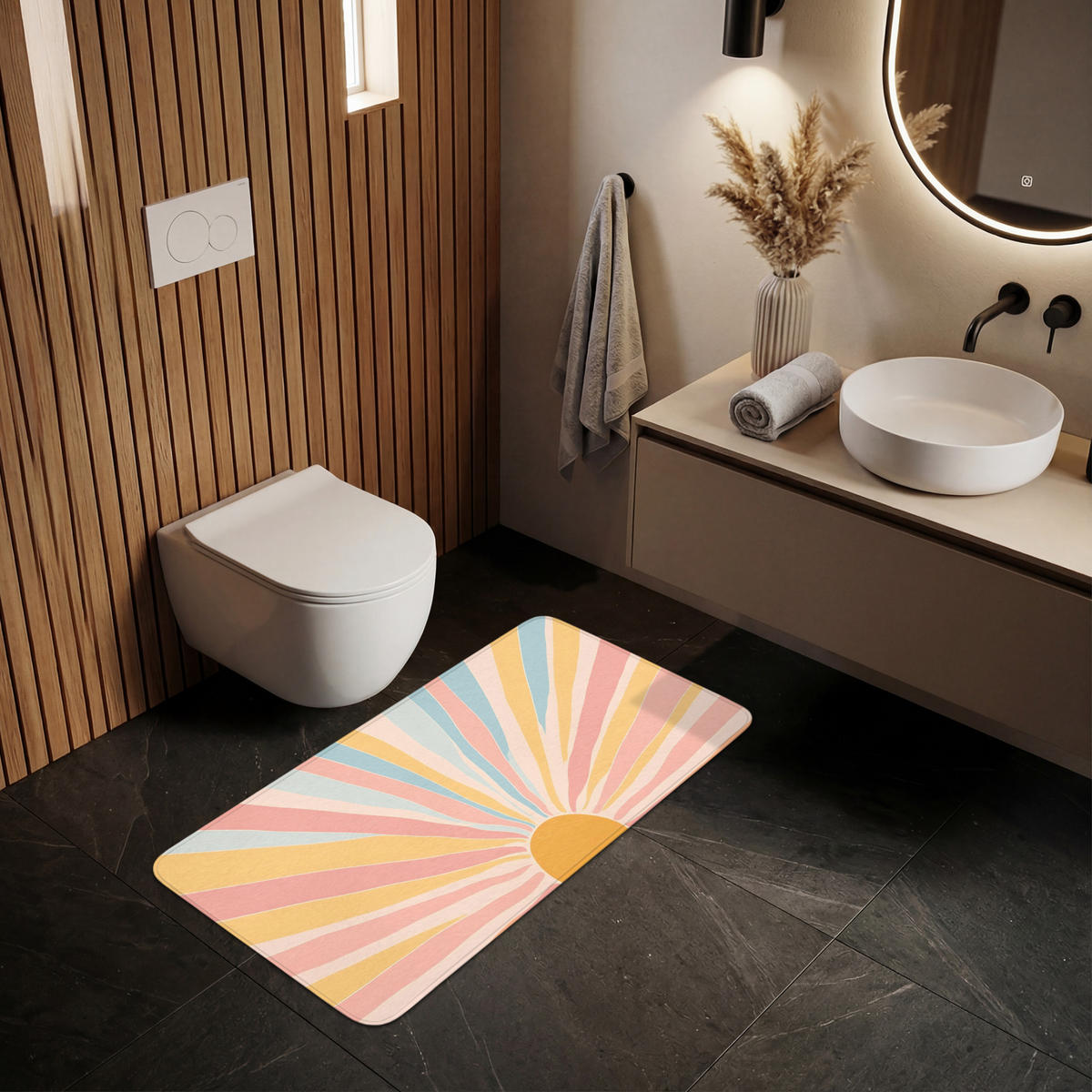 BADEMATTE Illustration - Sonne - Pastellfarben 120x60 cm - Pastellblau, Kunststoff/Textil (120/60cm)