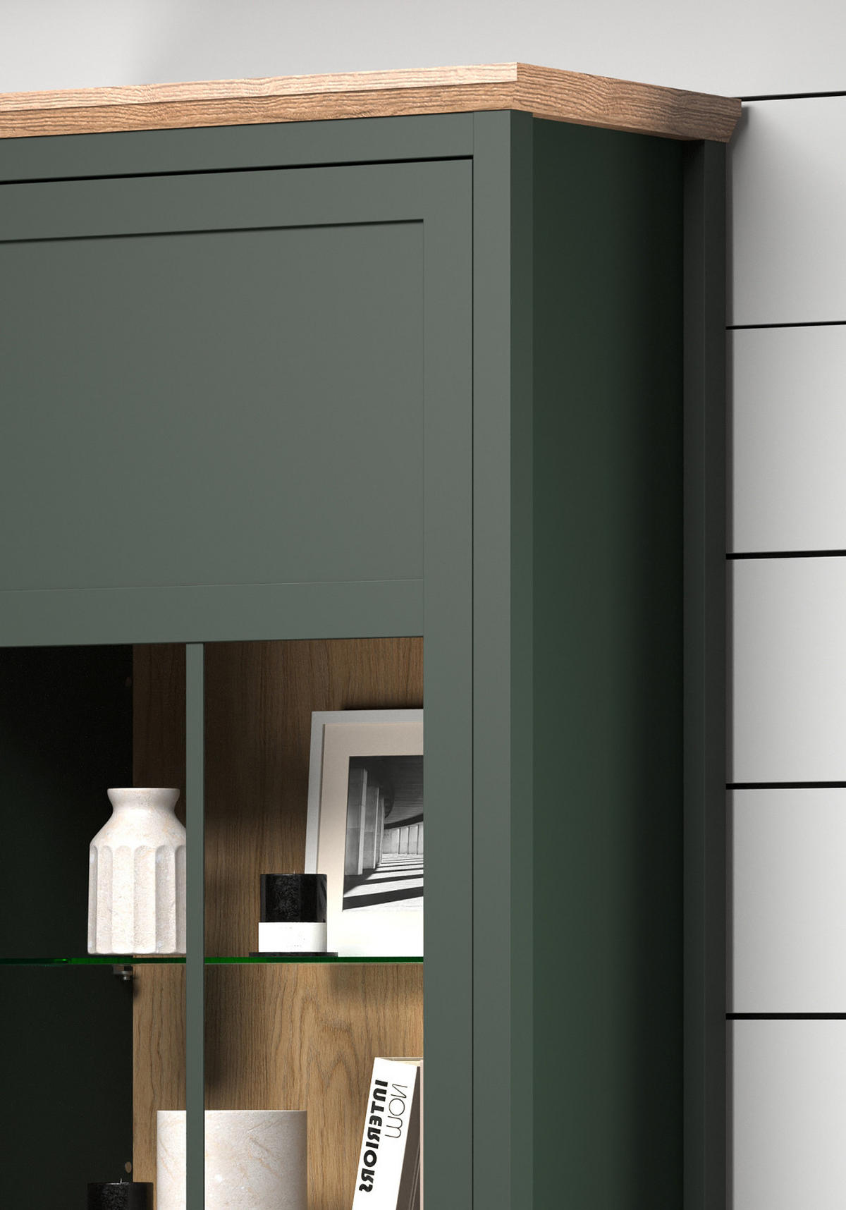 VITRINE grün, Evoke Eiche Landhaus 69 x 198 cm, Vitrinenschrank inklusive LED Beleuchtung - Eichefarben/Schwarz, Glas/Holzwerkstoff (69/198/39cm) - Top.Furn