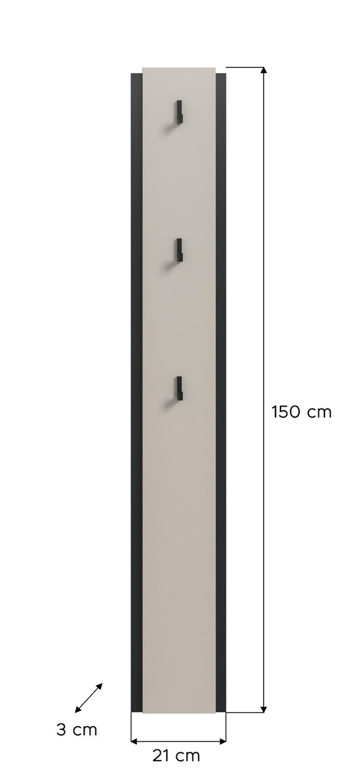 GARDEROBENPANEEL Kaschmir 21 x 150 cm, Wandgarderobe mit 3 Haken - Kaschmir/Schwarz, Holzwerkstoff (21/150/3cm) - Inn.Furn