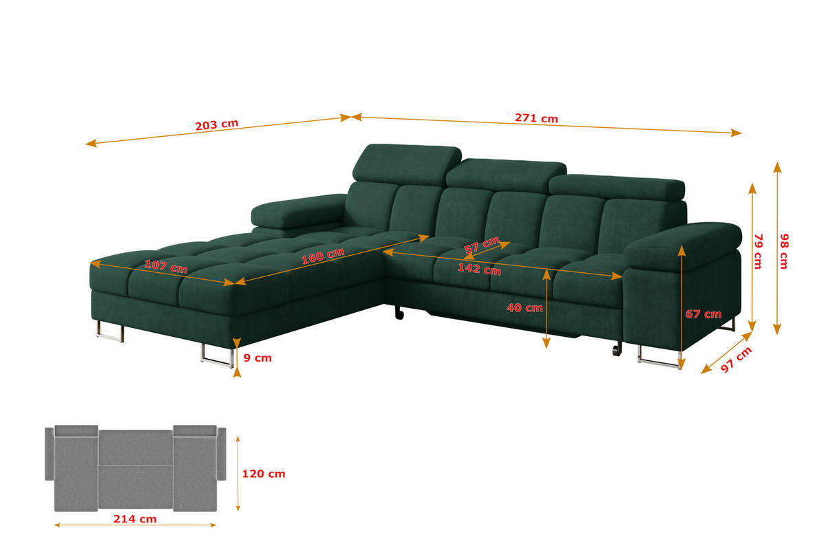 ECKSOFA mit Schlaffunktion Ottomane Links COMA L 271x203x79 Grün Velours - Grün, Holzwerkstoff/Textil (271/203cm) - ALTDECOR