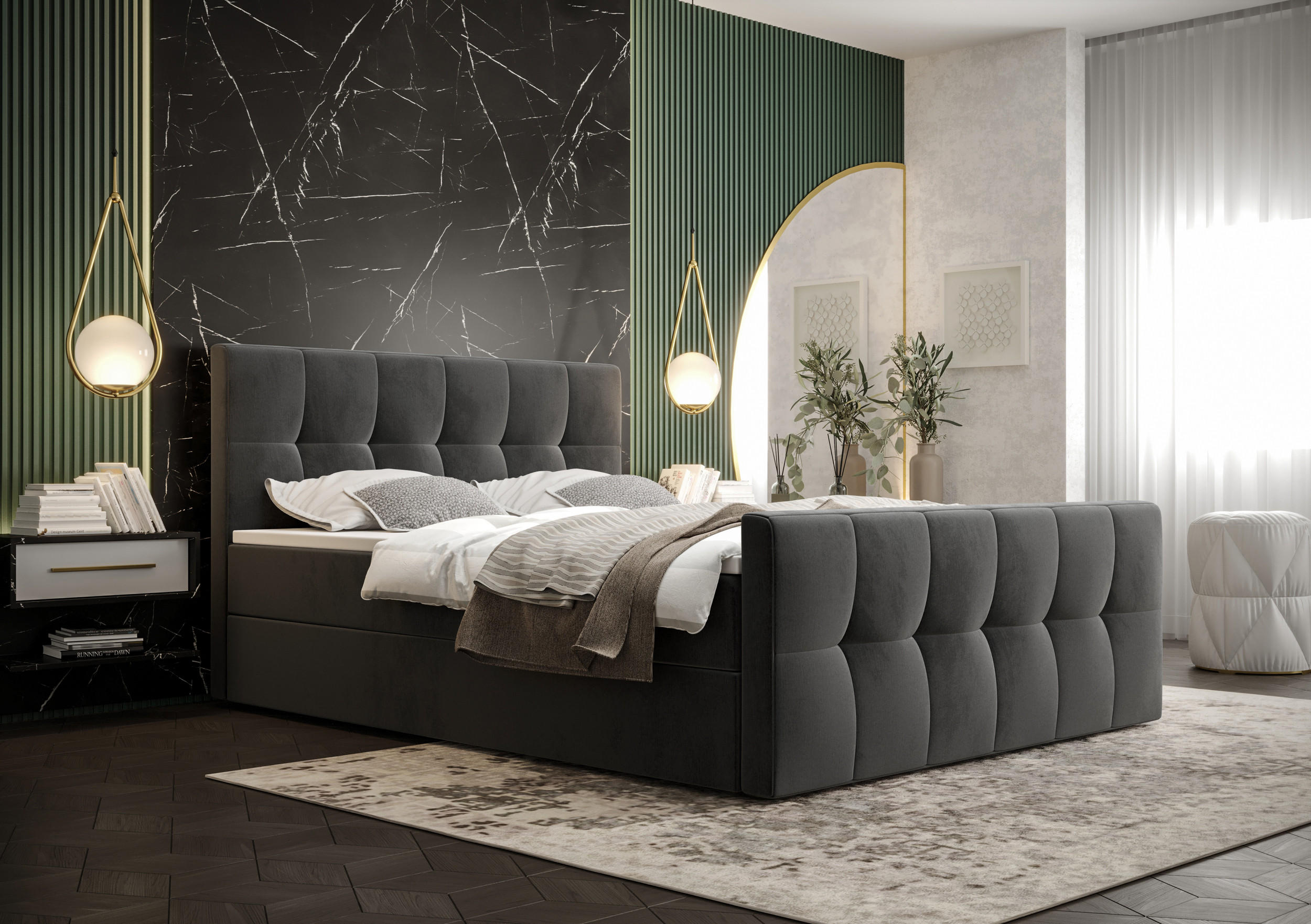 BOXBETT MANHATTAN mit Matratze H3, Bonell und Topper 140x200 Monolith 92 - Grau, Holz/Textil (140/200cm) - Bedante
