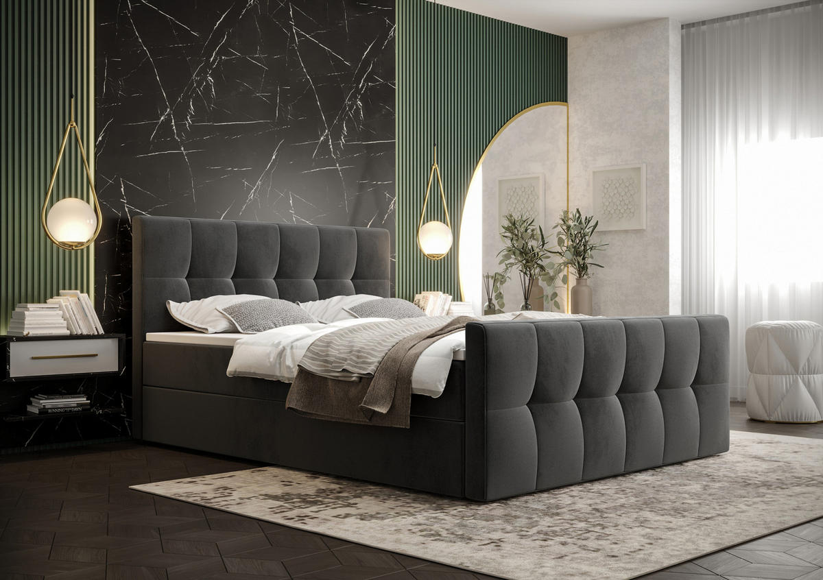 BOXBETT MANHATTAN mit Matratze H3, Bonell und Topper 140x200 Monolith 92 - Grau, Holz/Textil (140/200cm) - Bedante