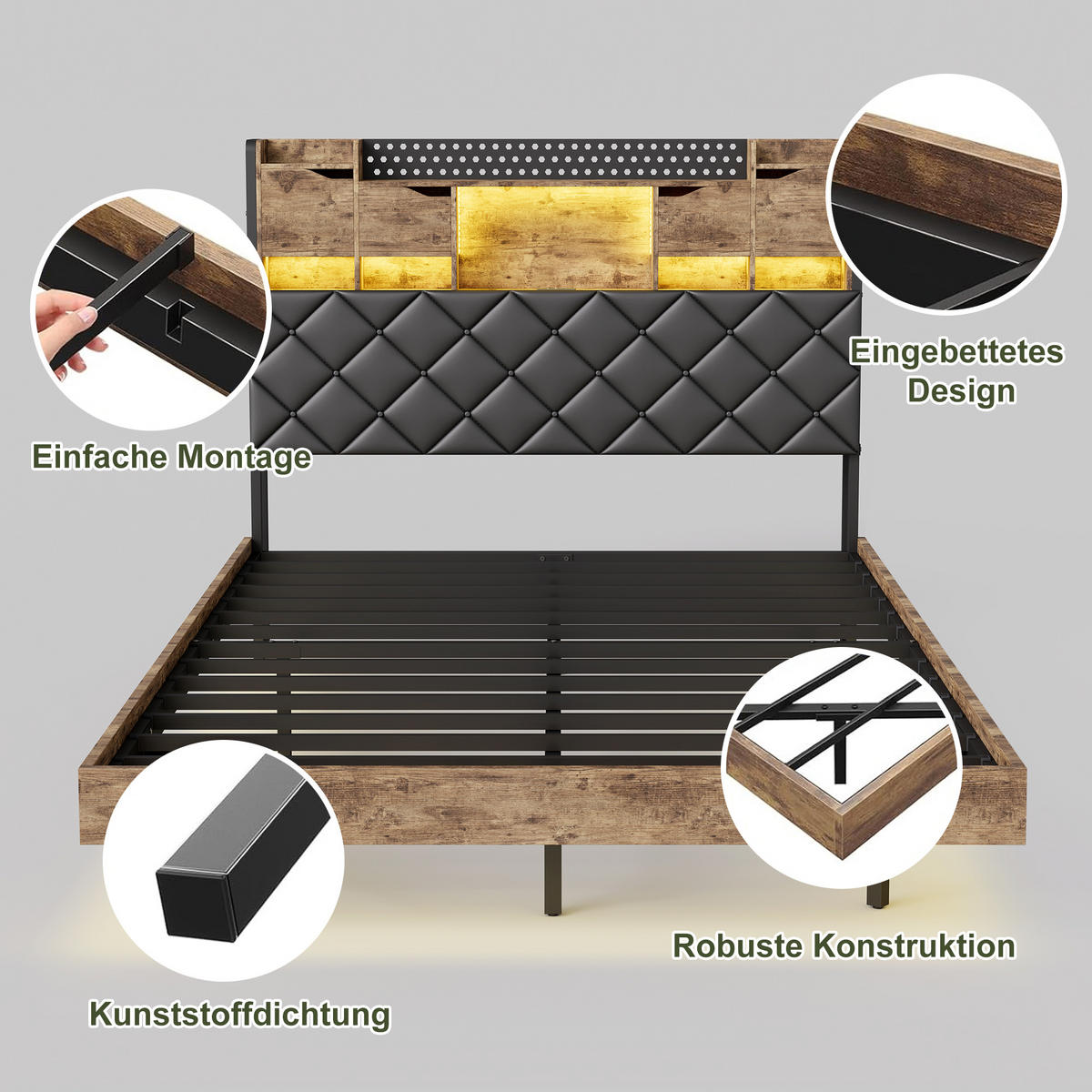 POLSTERBETT 160x200 cm mit LED und USB, Doppelbett mit Lattenrost und Kopfteil, PU, Braun und Schwarz - Schwarz/Braun, Leder/Holzwerkstoff (160/200cm) - GENKI LIVING