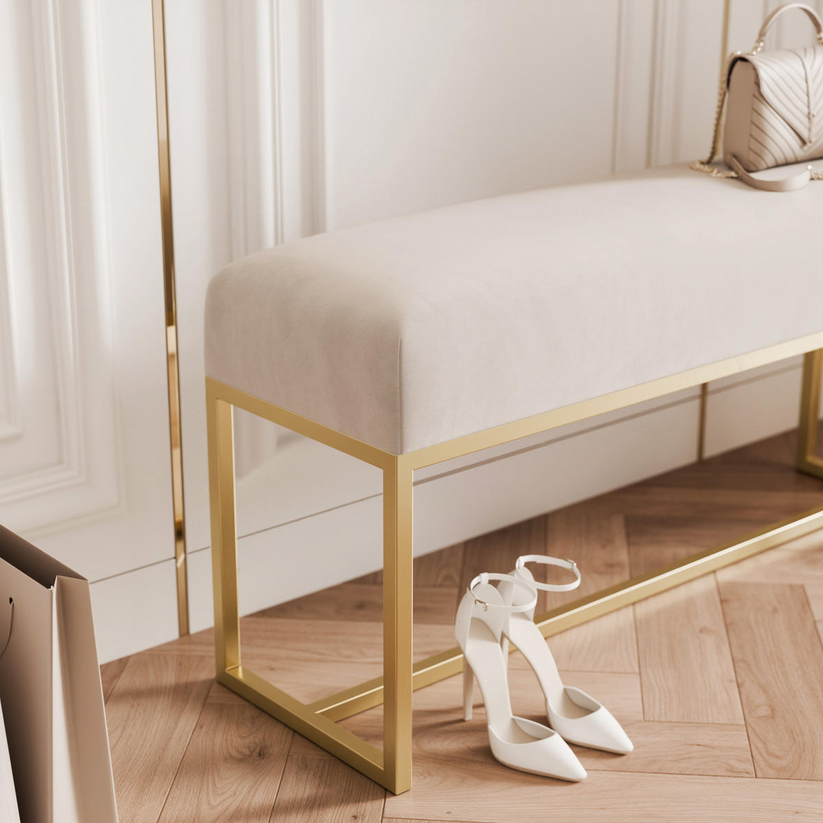 POLSTERBANK MUSE 90 cm Gold / Creme ,Metallgestell - Creme, Metall (90/47/30cm) - Idohome