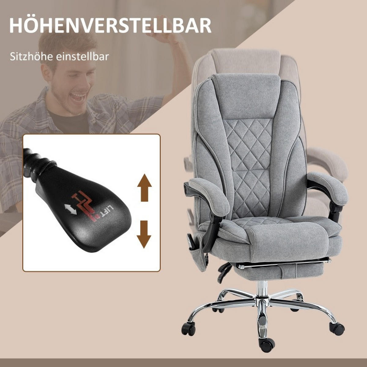 BÜROSTUHL in Grau 67x72x119 cm mit Vibrationsmassage, Wärmefunktion und Fußstütze - Grau, Textil (72/119/67cm) - IVMEU