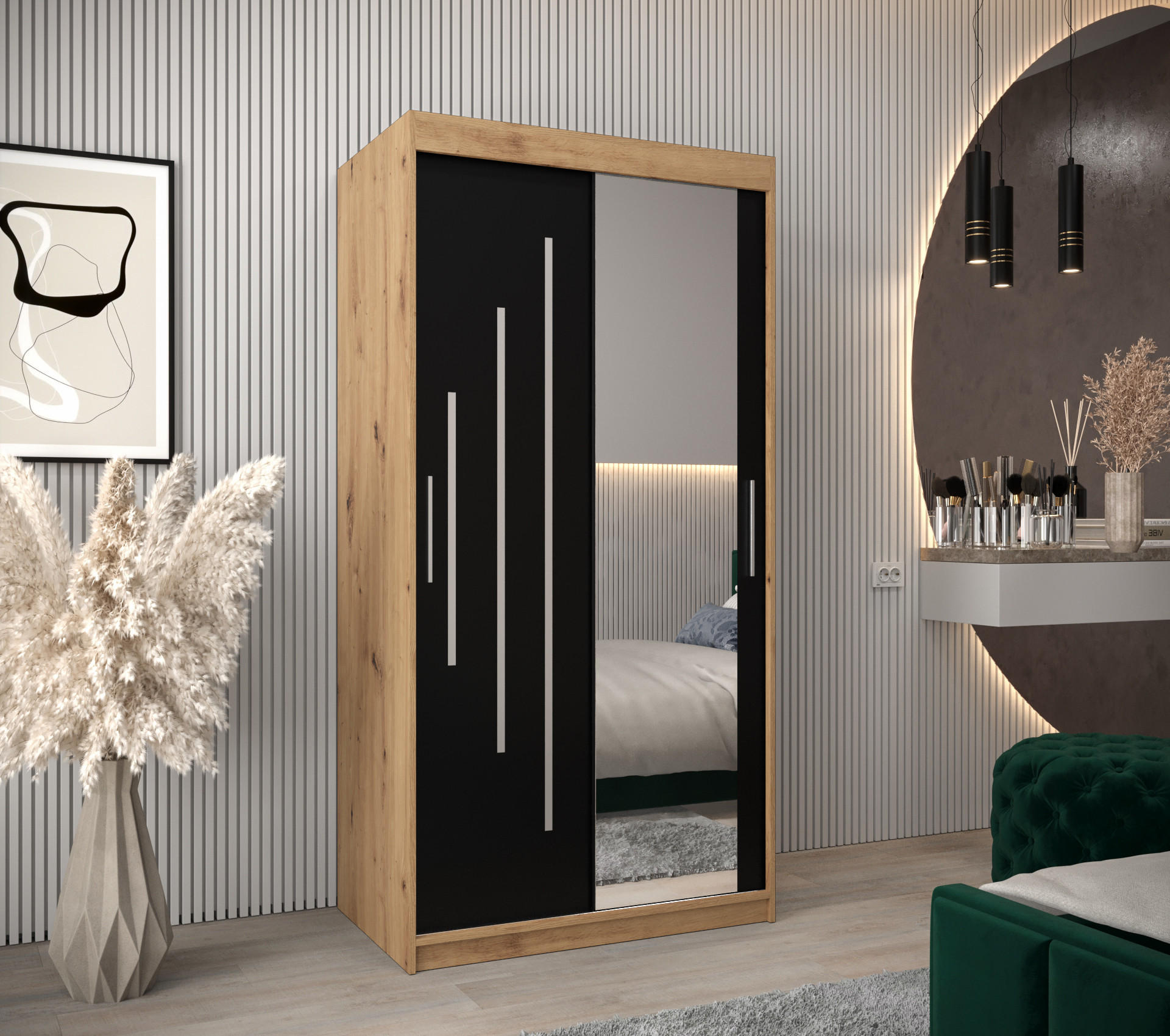 SCHWEBETÜRENSCHRANK 200/100/62 2-türig - Silberfarben/Schwarz, Holz/Kunststoff (100/200/62cm) - Abiks Möbel