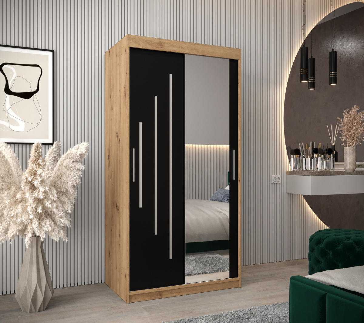 SCHWEBETÜRENSCHRANK 200/100/62 2-türig - Silberfarben/Schwarz, Holz/Kunststoff (100/200/62cm) - Abiks Möbel