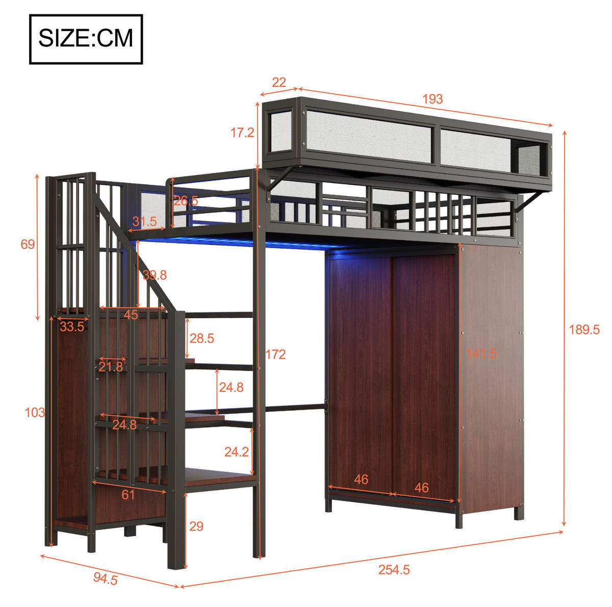 HOCHBETT 90/200 cm aus Metall/Holz mit Kleiderschrank, Stauraumleiter und LED-Beleuchtung Schwarz - Schwarz, Metall (90/200cm) - Modenvie