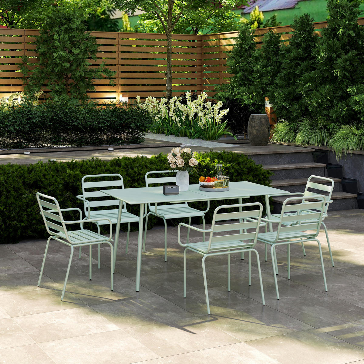 GARTENTISCHGRUPPE DE-18097 7-teilig, stapelbar Hellgrün - Grün, Metall - ComfortXL