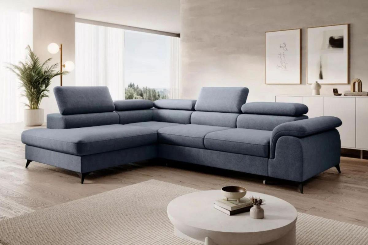 ECKSOFA PLAZA L Links mit Schlaffunktion 125x195 Velours Blaugrau - Blaugrau/Schwarz, Holz/Kunststoff (205/275cm) - Muffo