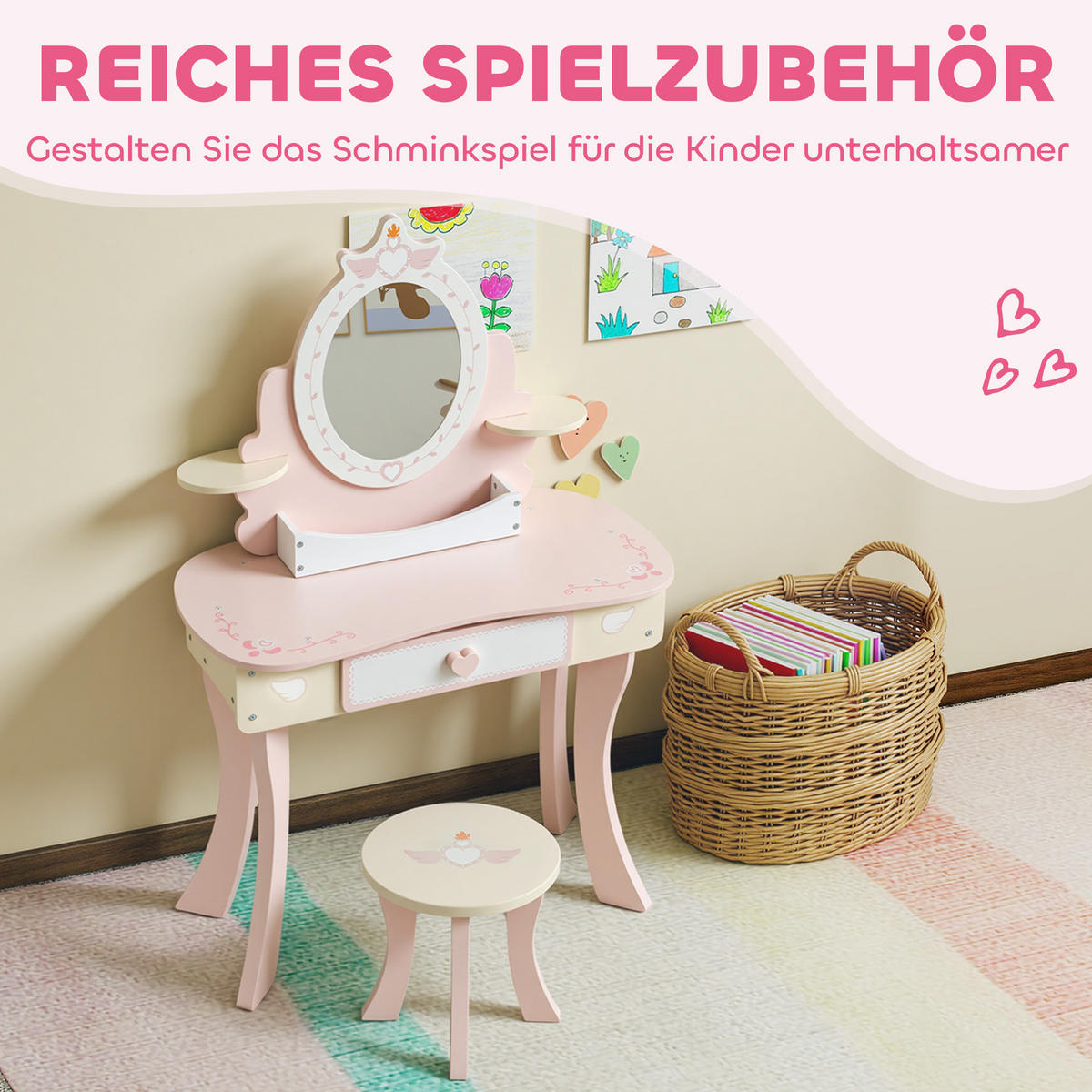 SCHMINKTISCH DE-10496 2-in-1 mit abnehmbarem Spiegel Rosa - Pink, Holzwerkstoff (59.8/89.8/29.6cm) - ComfortXL