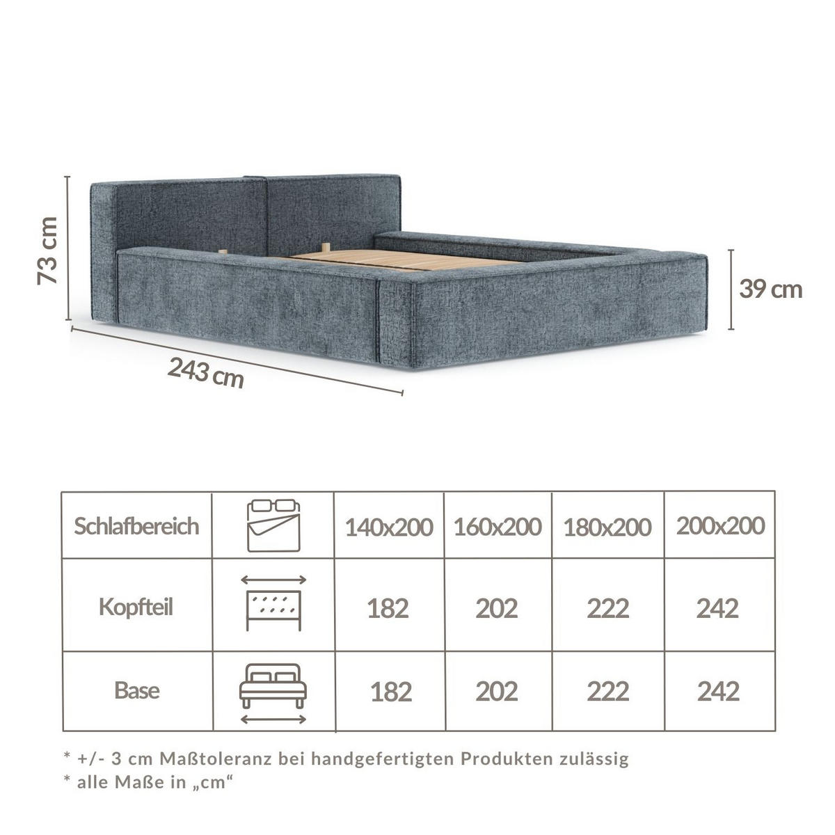 POLSTERBETT Voliera Blau 160/200 cm im Chenille-Stoff - Blau/Birkefarben, Holz/Holzwerkstoff (160/200cm) - Maison de Reve
