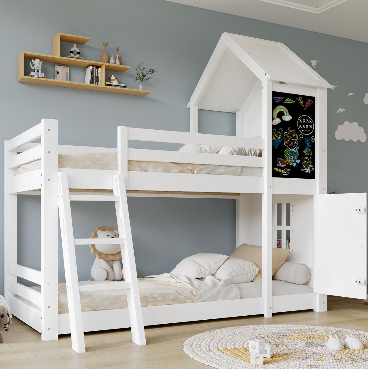HAUSBETT 90/200 cm in Weiß mit Dach, Tafel und schräger Leiter - Weiß, Holzwerkstoff (90/200cm) - BEAOK