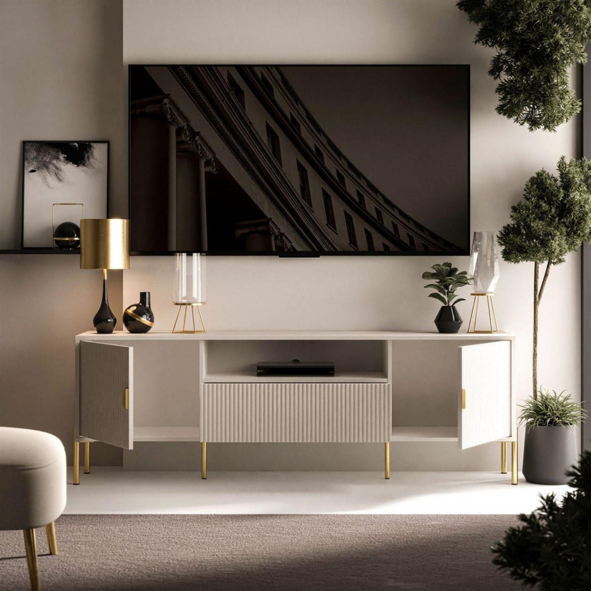 TV-RACK DALIA 180 cm - Kaschmir/Goldfarben, Holzwerkstoff (179/58/40cm) - Lookway