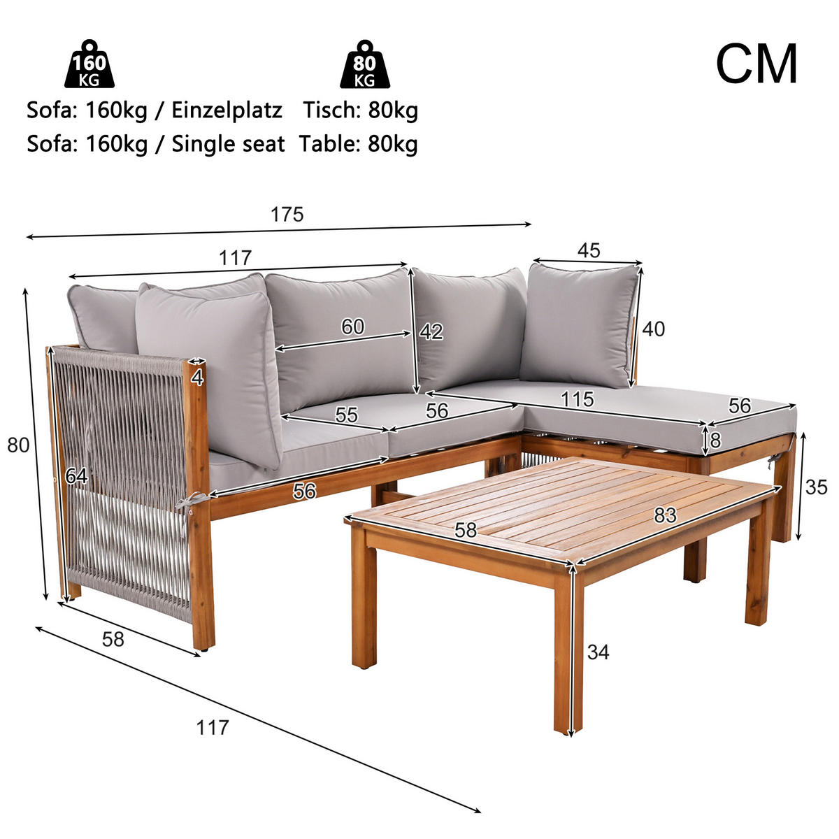 LOUNGEGARNITUR Grau aus Akazienholz 3er Set - Grau, Holz - OKMYHOME