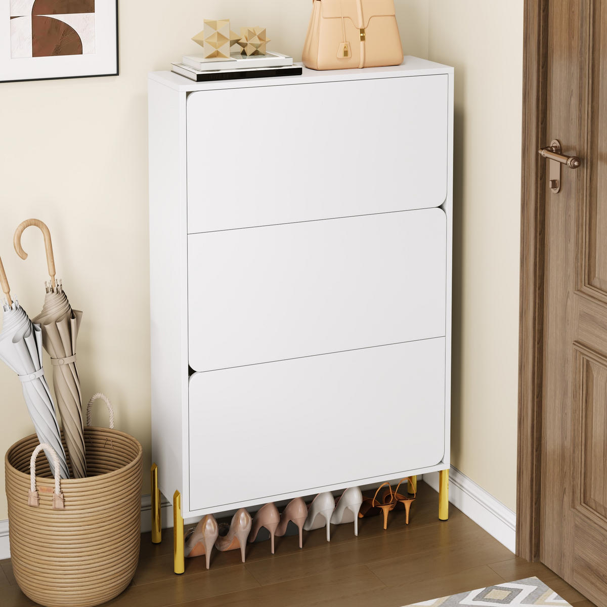SCHUHSCHRANK 3 Türen groß Stauraum Goldfüße - Weiß, Holz (73/120/24cm) - LEBENLANG