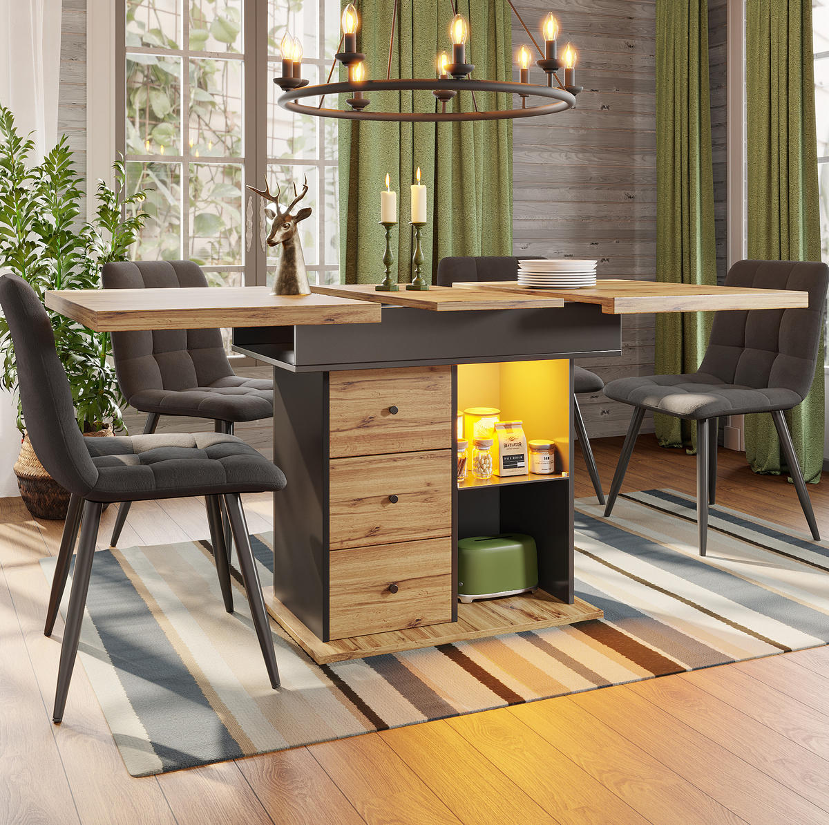 AUSZIEHTISCH 110-140/80/75 cm in Schwarz/Natur mit LED-Beleuchtung & Stauraum - Schwarz, Holzwerkstoff (110/80/75cm) - BEAOK