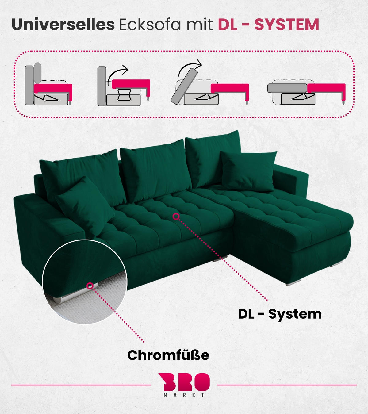ECKSOFA Luis mit Schlaffunktion Flaschengrün Samt - Dunkelgrün/Silberfarben, Kunststoff/Textil (148/238cm) - Bromarkt