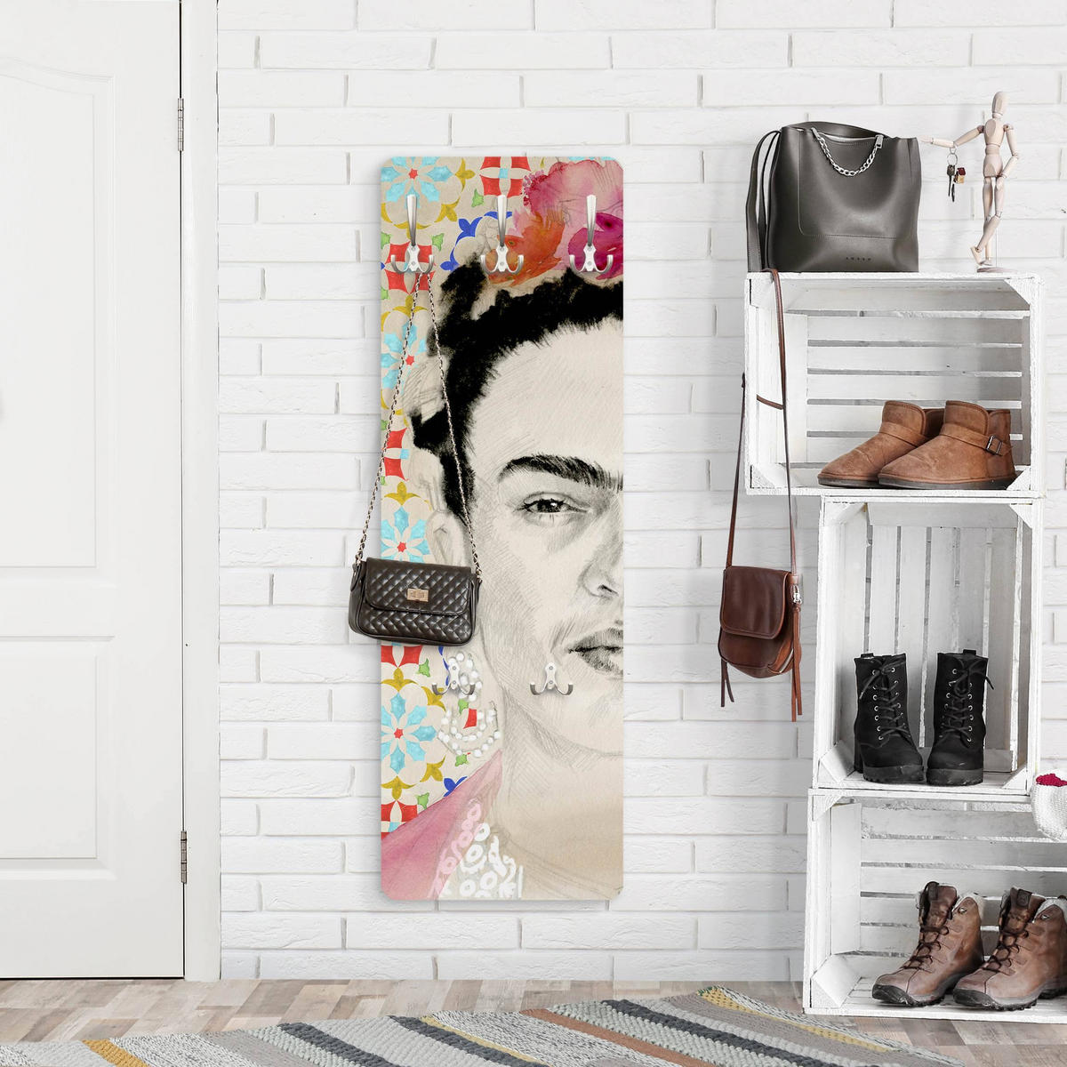 WANDGARDEROBE - Frida mit rosa Blüten II 34/105 cm - Multicolor, Holzwerkstoff (34/105/1.6cm) - Bilderwelten