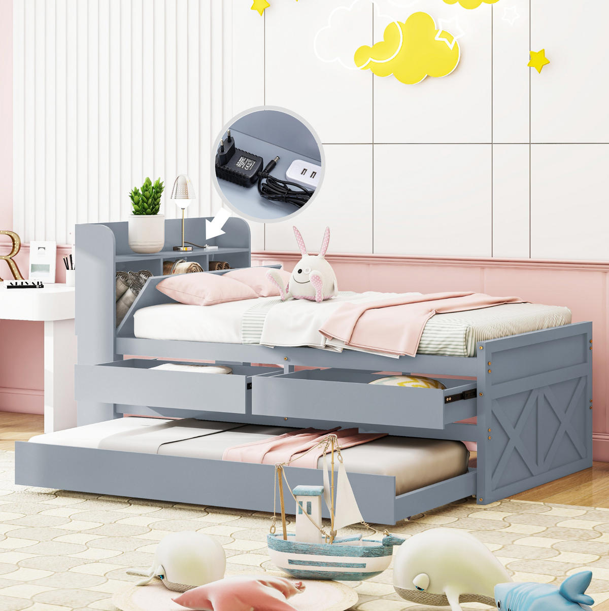 HOLZBETT 90/190 cm in Grau – mit USB, Ausziehbett, 2 Schubladen & Lattenrost - Grau, Holz (90/200cm) - BEAOK