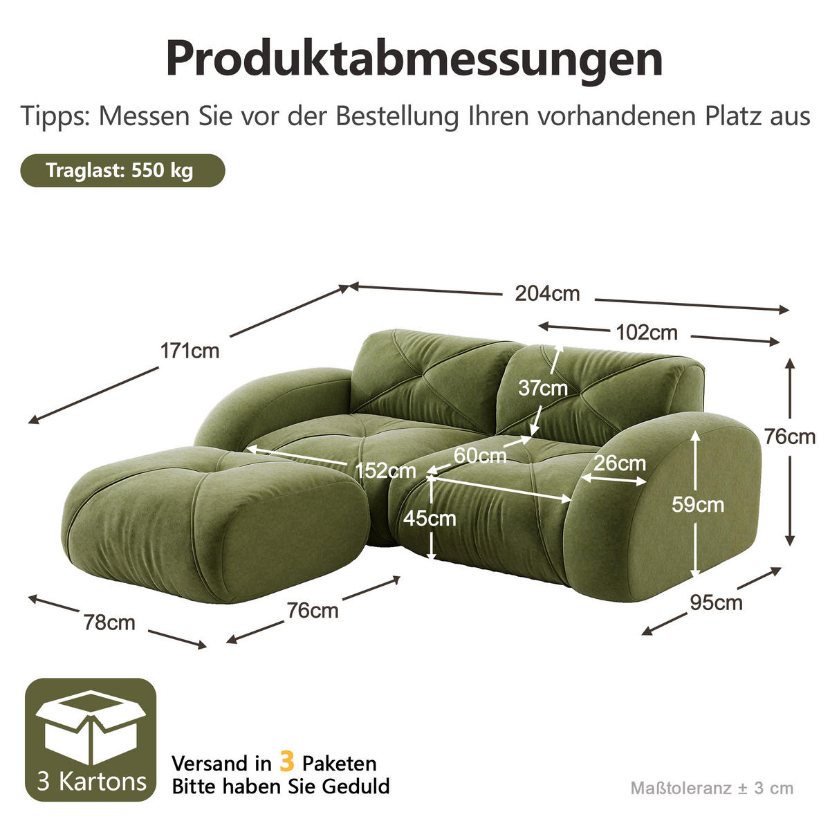 2-SITZER-SOFA DE-34276 mit Hocker Grün - Grün, Textil (171/76/204cm) - ComfortXL