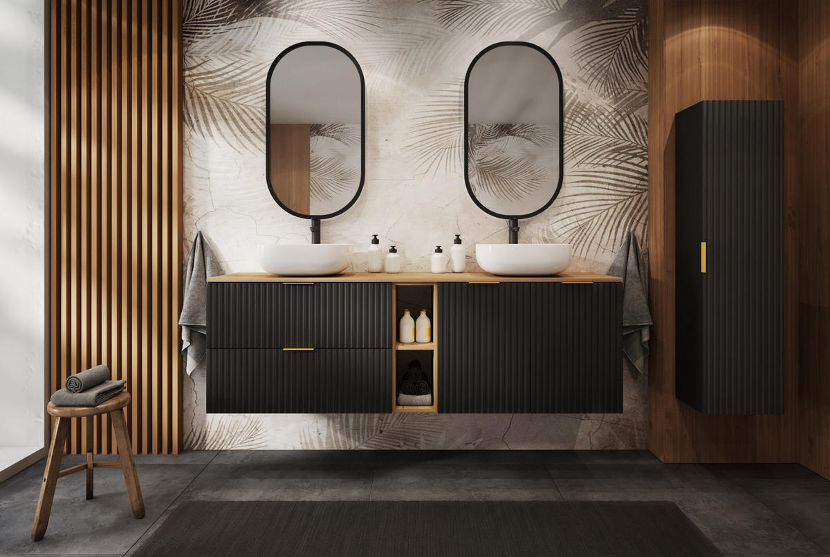 WASCHBECKUNTERSCHRANK FLOW mit Regal + Platte Schwarz matt 120/57/46 cm - Schwarz, Holzwerkstoff (120/57/46cm) - Rodan