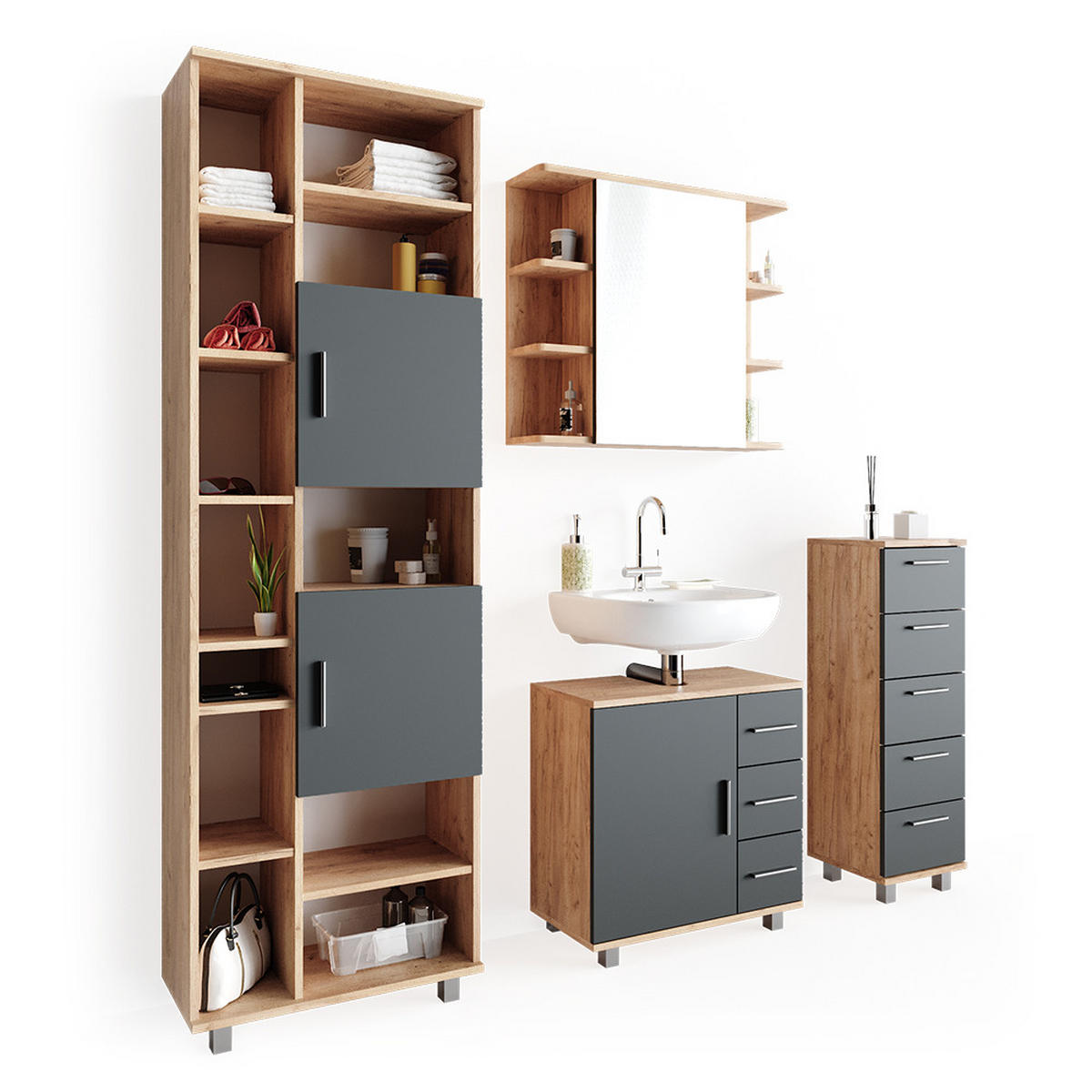 BADMÖBEL-SET Ilias Eiche 4 Teile - Eichefarben/Anthrazit, Holzwerkstoff (60/60/33cm) - Vicco